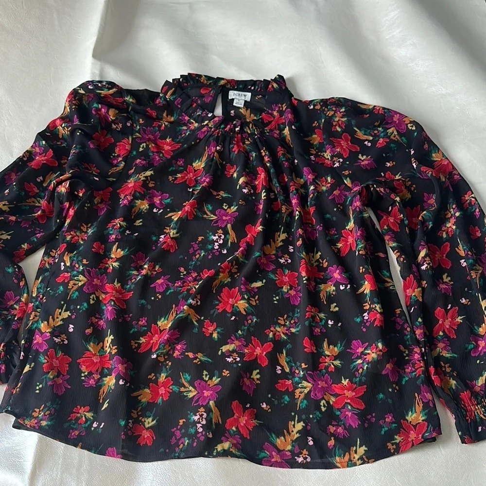 J. Crew Red and Pink Puff Sleeve Blouse
